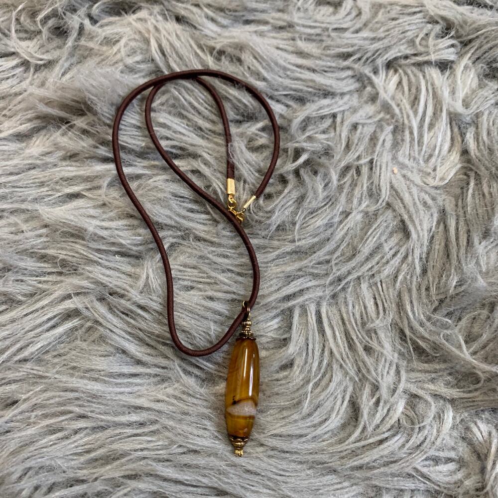 Vintage 1970s Tiger's Eye Pendant Leather Necklace Boho Geometric Natural Stone